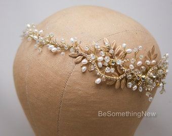 Gold Wedding Hair Vine, Brass Leaf and Crystal Bridal Headpiece, Wedding Hair Accessory, Rhinestone and Pearl Gold Rustic Wedding Headband