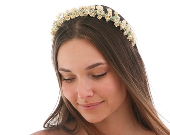 Wedding Flower Crown of Vintage Yellow Forget Me Not Flowers Yellow Floral Bridal Headband Boho Wedding Headpiece