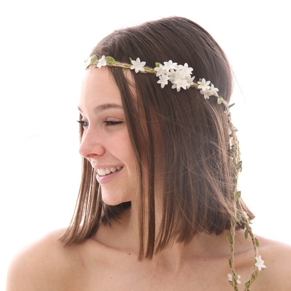 Hippy Flower Crown, Twine Tie Headband with Green Leaves and White Flowers Boho Hair Accessory Simple Wedding Headband