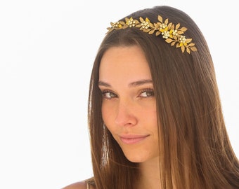 Metal Leaf and Rhinestone Wedding Headband in Antique Gold, Bridal Headpiece