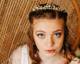 Rhinestone Wedding Tiara with Pearls Crystal Leaves and Flowers,  Handmade Beaded Boho Bridal Tiara