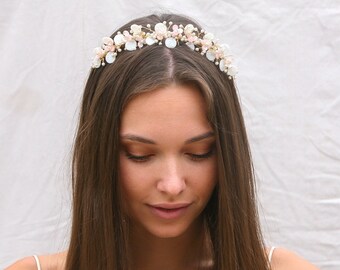 Flower Crown Headband with White Vintage Glass Leaves, Pearls and Pink Flowers, Wedding Tiara