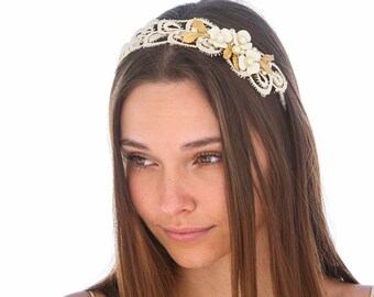 Boho Wedding Lace Headband with Flowers and Gold Leaves, Vintage Lace Beaded Bridal Headpiece