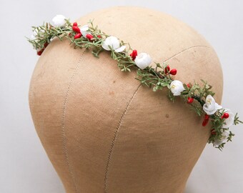 Small Greenery Wreath Bridesmaids Flower Crown with White flowers and Natural Greens and Red Berries Christmas Wedding