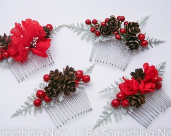 Christmas Hair Combs with Red Flowers White Greenery and Pine combs, Holiday Hair Accessories Flower Hair Clips