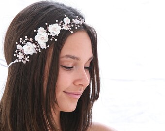 White and Rose Gold Flower Crown, Beaded Woodland Wedding Hair Halo Blush Pink Flower Crown Boho Wedding Bridal Hair Wreath