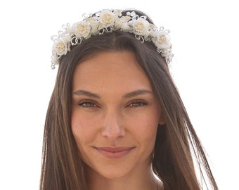 Ivory Wedding Flower Crown made with Vintage Flowers and Beading, Bridal Headband