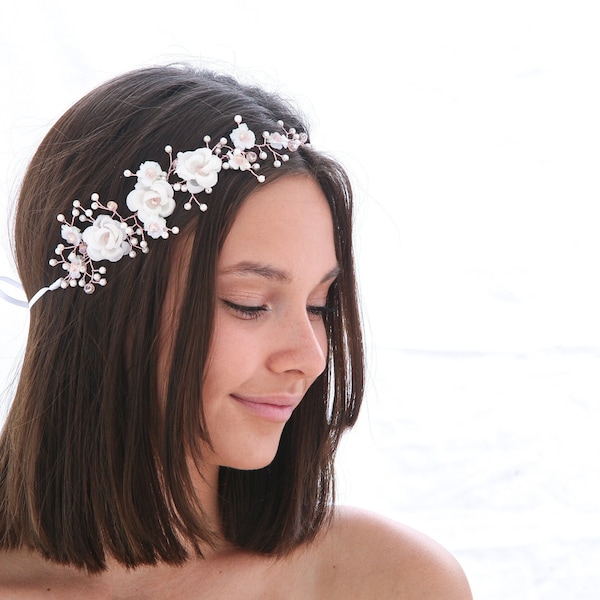 White and Rose Gold Flower Crown, Beaded Woodland Wedding Hair Halo Blush Pink Flower Crown Boho Wedding Bridal Hair Wreath