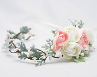 Blush Pink and Ivory Floral Hair Vine of with Dusty Miler Leaves Woodland Wedding Hair Halo Flower Crown Boho Wedding Bridal Hair Wreath