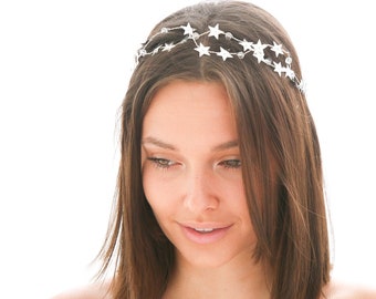 Silver Star Tiara with Crystals, Wired Celestial Crown Wedding Hair Accessory, Festival Hair Vine