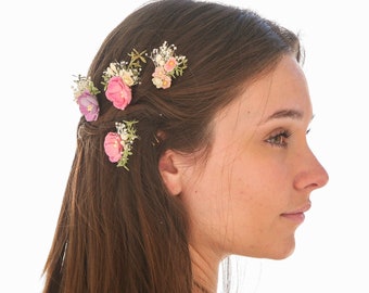 Dried Flower Hair Pin Sets in Pink and Lavenders, Flower and Babies Breath Bobby Pin Sets for you Wedding Day