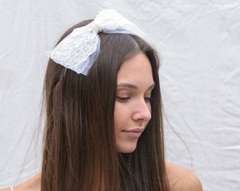 White Lace Bow Headband Wedding Headpiece, With Netting