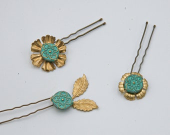 Hair Pin Set of Brass Flowers and Leaves and Turquoise Metal Centers, Set of Three