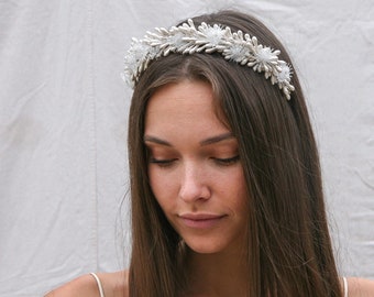 Vintage Tiara Wax Flower Bud Wedding Headband with Glass Flowers Ivory Bridal Headpiece