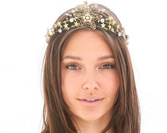 SALE Celestial Wedding Crown Gold Stars Bridal Headpiece with a Large Vintage Stars Broach and Brass Stars and Rhinestones Boho Gold Tiara