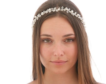 Small Tie headband Tiara with Wired Crystals and Pearls Wedding Headpiece