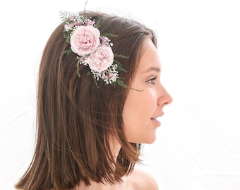 Flower Hair Comb in Pink and Lavender with Babies breath and Dried Fern Boho Wedding Floral Headpiece