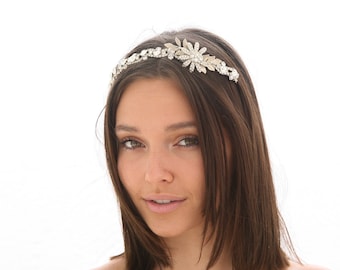 Rhinestone Headband with Vintage Silver Flower and Silver Metal Leaves, Wedding Headpiece