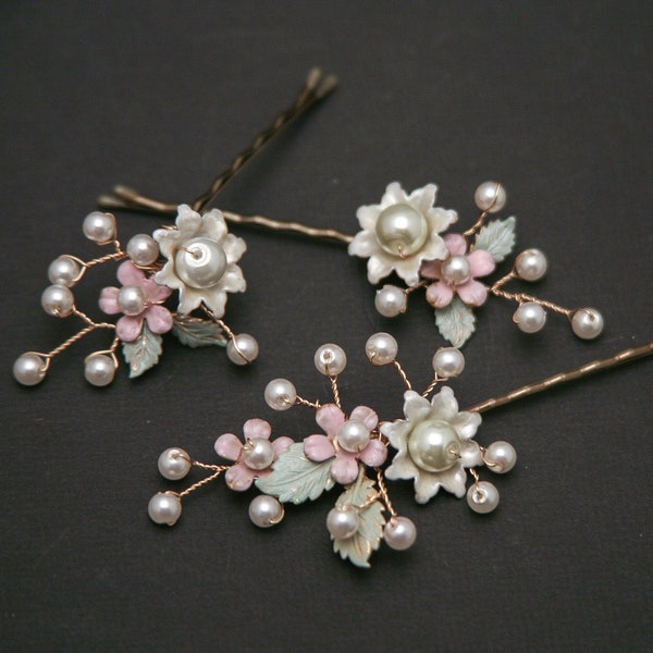 Flower and Pearl Hair Pins Wedding Bridal Bobby Set of Two in Pink and Ivory, Beaded Flower Hair Jewelry, Boho Wedding Hair