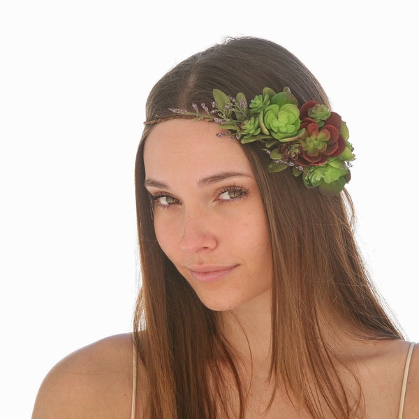 Succulent Flower Crown Wedding Headband, Flower Headpiece Rustic Bridal Flower Wreath of Green Succulents