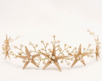 Gold Starfish Wedding Crown Beach Wedding Headpiece, Gold Beaded Mermaid Crown Star Fish Headband Golden Bridal Headpiece