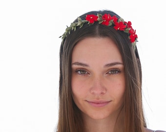 Holiday Headband with Leaves and Velvet Red flowers, Christmas Wedding Headpiece