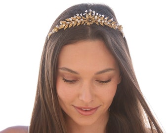 Gold Wedding Tiara with Pearls and Metal Leaves with Vintage Broach Bridal Headpiece