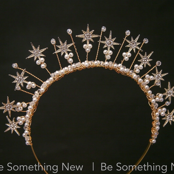 Celestial Wedding Crown of Gold Stars with Rhinestone and Pearls, Boho Tiara