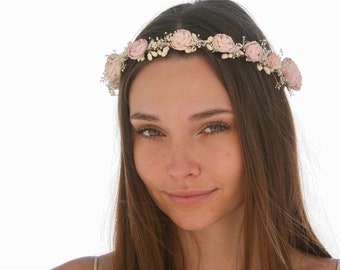 Pink Flower Crown with Babies Breath and Pink Flowers and Ribbon Ties, Boho Wedding Halo, Bridesmaids wreath