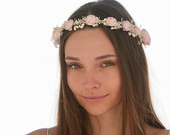 Corona de flores rosas: Halo de boda bohemio con lazos de cinta