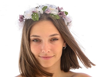 Vintage Flower Crown In Lavender and White with Green Leaves Wedding Halo Flower Girl Crown Bridesmaids Hair Maternity Photo Shoot Prop