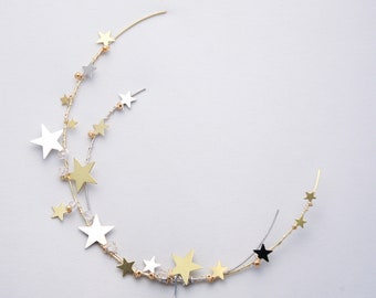 Gold and Silver Cresent Moon with Metal Stars Cake Toper Golden Celestial Moon Wedding Decor