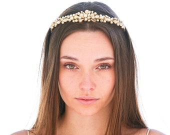 Champagne Pearl and Rhinestone Wedding Tiara, Bridal Headband