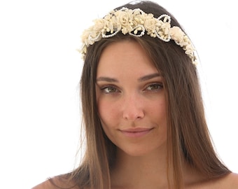 Vintage Flower Crown in Ivory made from All Vintage Flowers and Wired Pearls, Wedding Headpiece