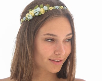 Lace Flower Crown In Blue and Yellow, Wedding Halo, Small Floral Headbands, Bridesmaids Hair Accessory, Flower Girl Headpiece