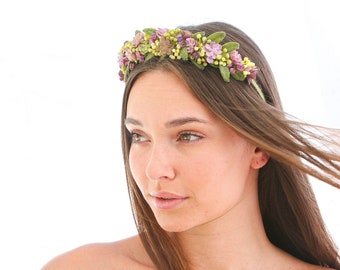 Lavender Succulent and Green Leaf Flower Crown Boho Wedding Wreath Headband