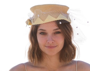 Vintage Yellow Straw Hat with Netting and Flowers Derby Hat