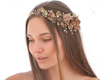 Rose Gold Floral Hair Vine of Wired Flowers and pearls Beaded Wedding Headpiece Woodland Wedding Hair Halo Flower Crown Boho Bridal Wreath