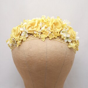 Mustard Yellow and Ivory Flower Crown with Vintage Flowers and Netting Wedding Bridal Headband Spring boho Wedding image 6