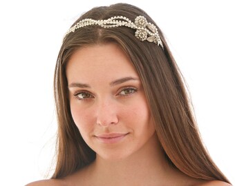 Rhinestone Headband with Vintage Silver Flower Broach, Art Deco Wedding Headpiece