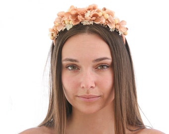 Peach and Ivory Flower Crown Headband with Rhinestones and Lace Leaves