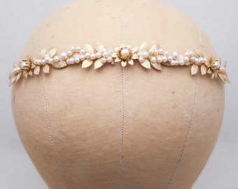 Gold Metal Flower and Leaf Headband with Champagne Pearls, Boho Wedding Headpiece of Metal Leaves, Gold Tiara