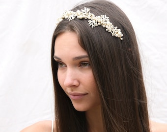 Pearl Wedding Tiara with Vintage Enameled Leaves, Wedding Hair, Bridal Hair Accessories, Vintage Wedding Hair Accessory