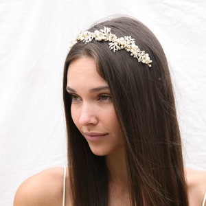 Pearl Wedding Tiara with Vintage Enameled Leaves, Wedding Hair, Bridal Hair Accessories, Vintage Wedding Hair Accessory