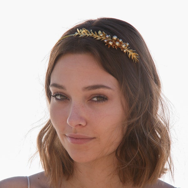 Gold Headband of Metal Leaves Gold Flowers and Champagne Pearls Wedding Hair Accessory Laurel Bridal Tiara