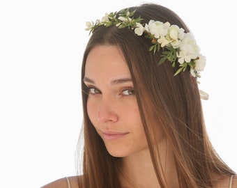 Flower Crown of Ivory Roses and Greenery, Boho Wedding Halo Wreath Floral Bridal Headpiece