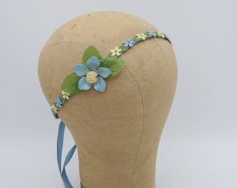 Hippie Bohemian Tie Daisy Headband in Blue and Yellow, With Enameled Metal Flower, Boho Festival Fashion