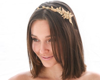Gold Metal Wedding Headband With Vintage gold flowers, Metal leaves and Rhinestones , Bridal Headpiece