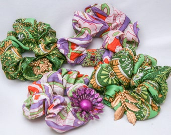 Scrunchies made from Vintage Scarfs and Decorated with Leaves and Flowers