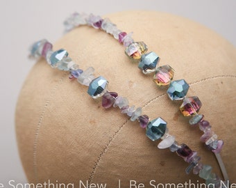 Beaded Headband with Stones in Blues, Greens and Lavenders and Large Crystals Sliver Fashion Headband for Adults